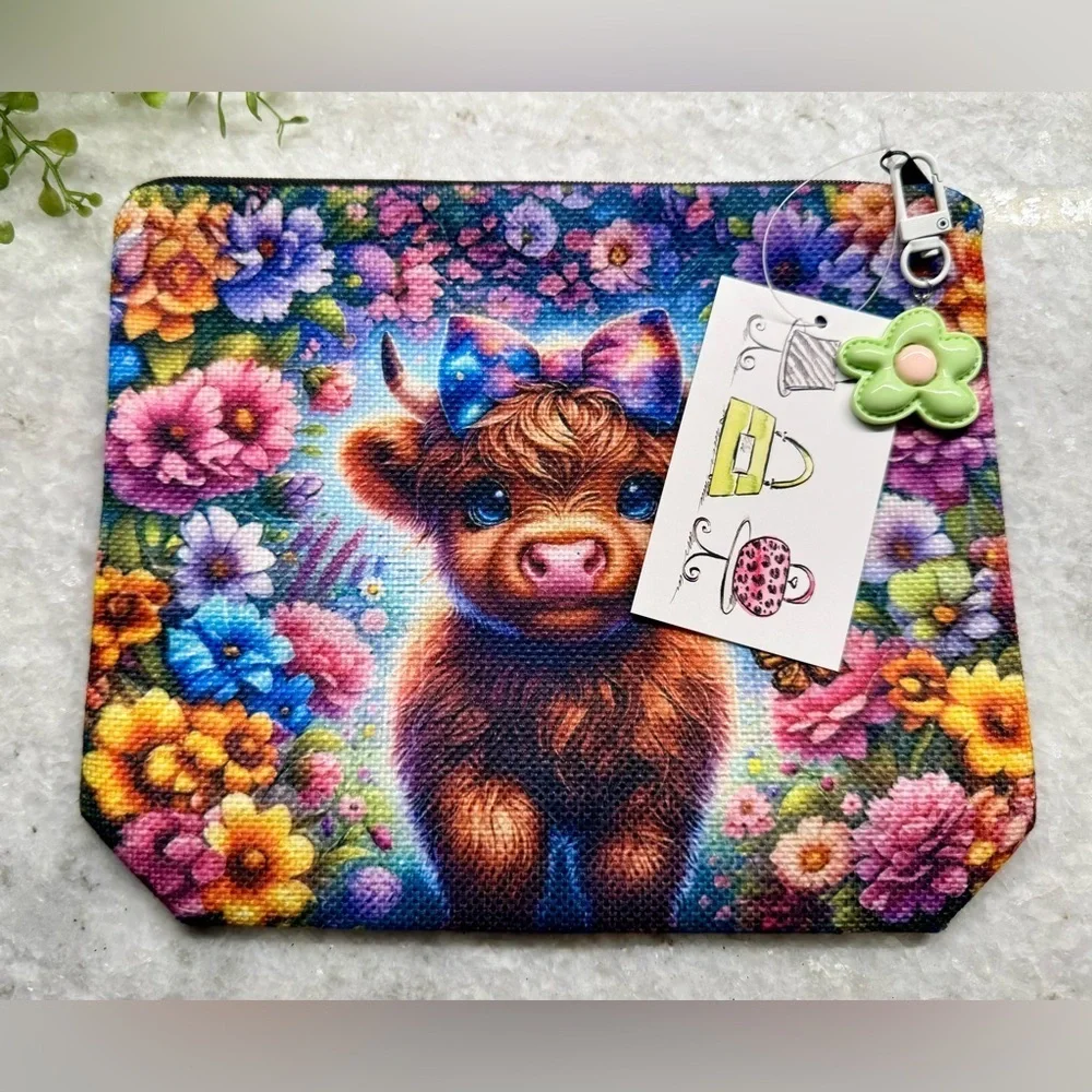 New Baby Highland Cow Makeup Cosmetic Tech Pencil Bag w/ Flower Charm - 8.75”
